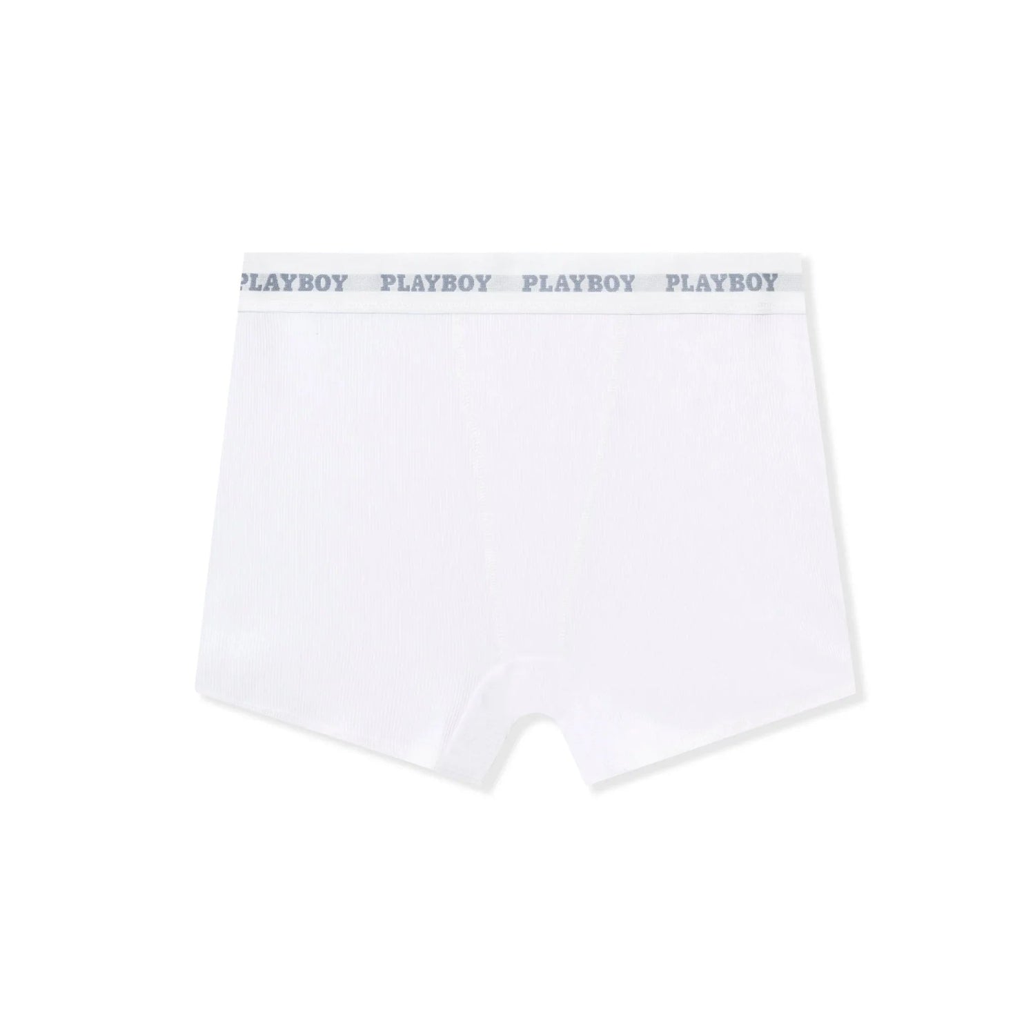 White women's boxer brief panty with gray branded waistband, laid flat on white background