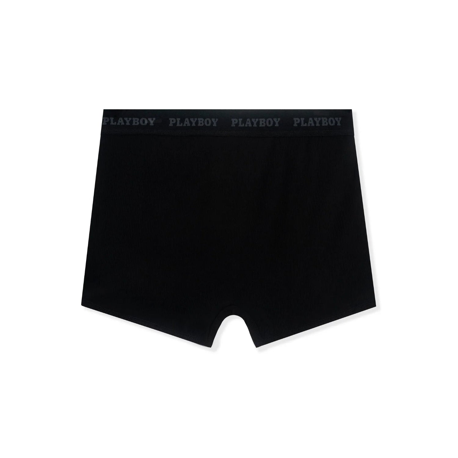 women's black boxer brief panty with PLAYBOY logo waistband, front view on white background