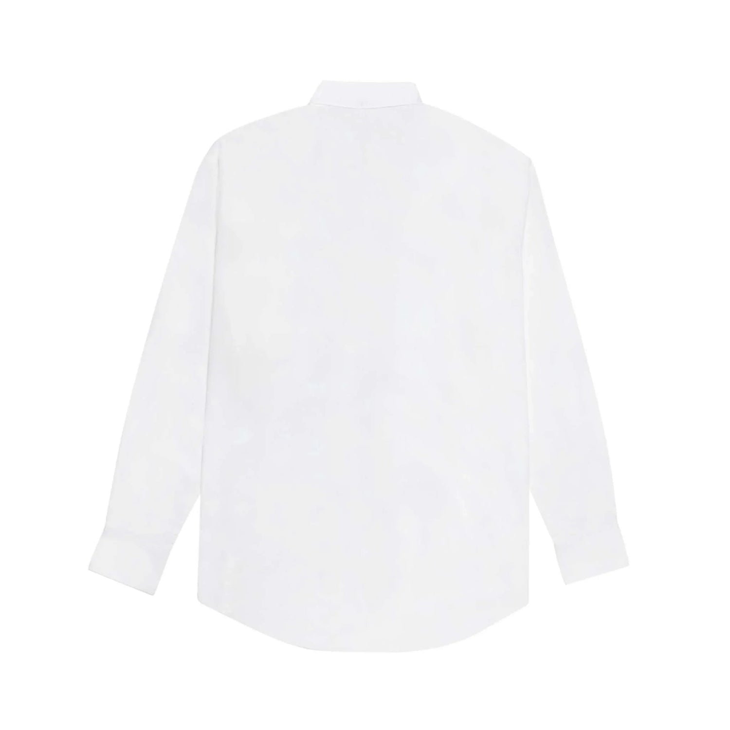 Back view of a women's white boyfriend button-down shirt with long sleeves