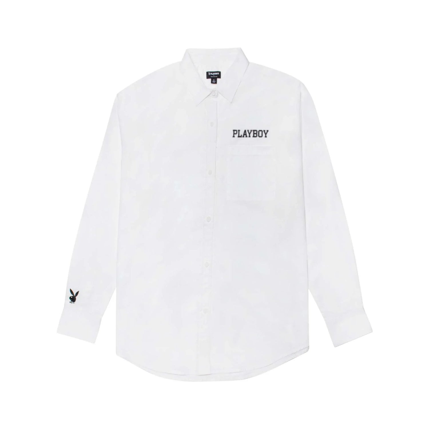 White women's boyfriend button-down shirt with black embroidered text and logo accents