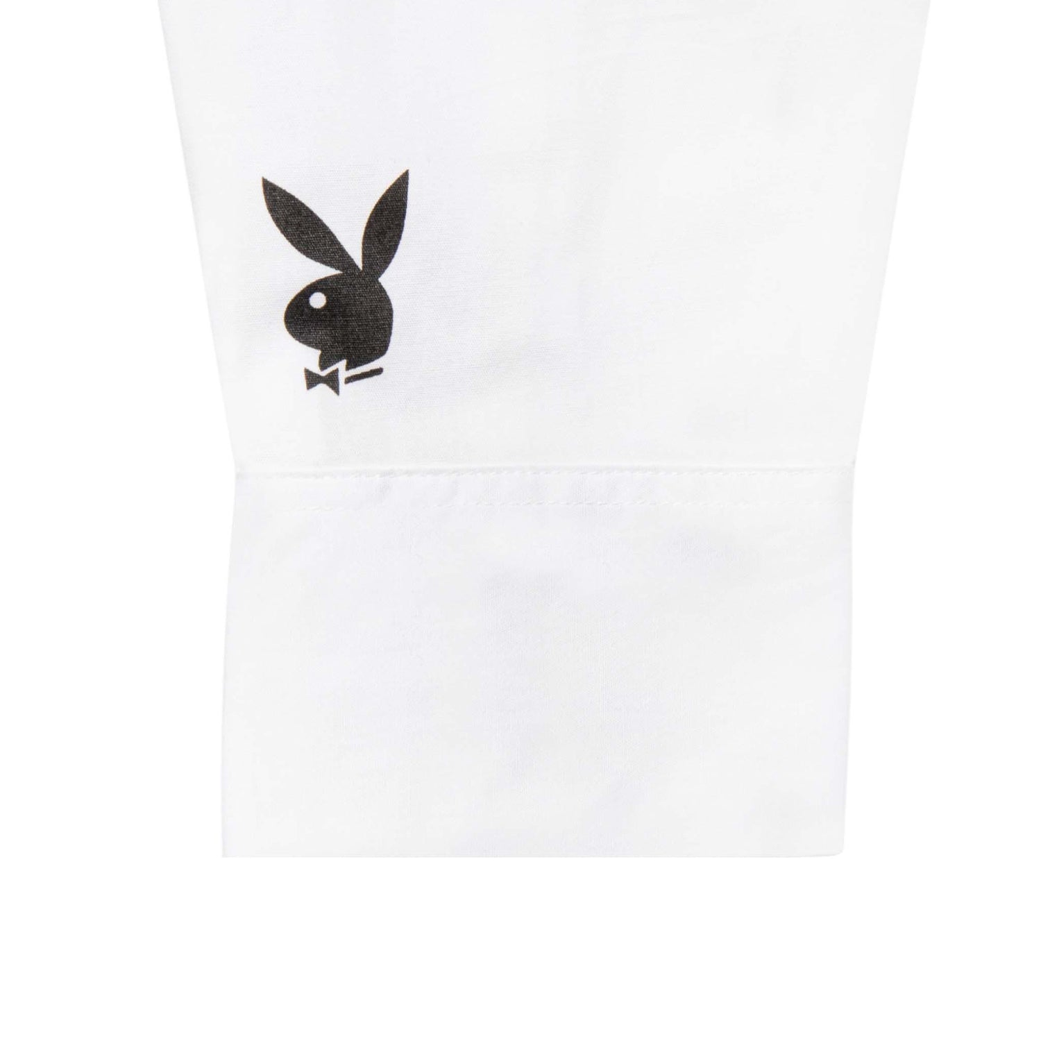 White button-down shirt cuff with black bunny head logo print for women