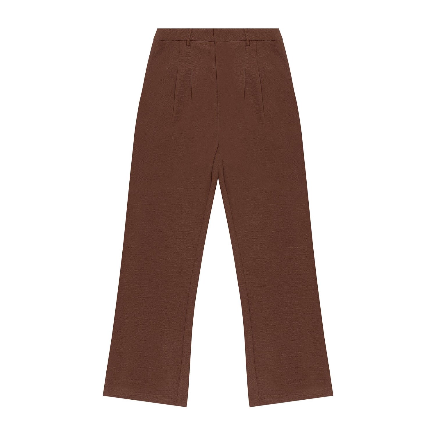 Women's brown boyfriend trousers with high waist and straight leg, flat lay on white background