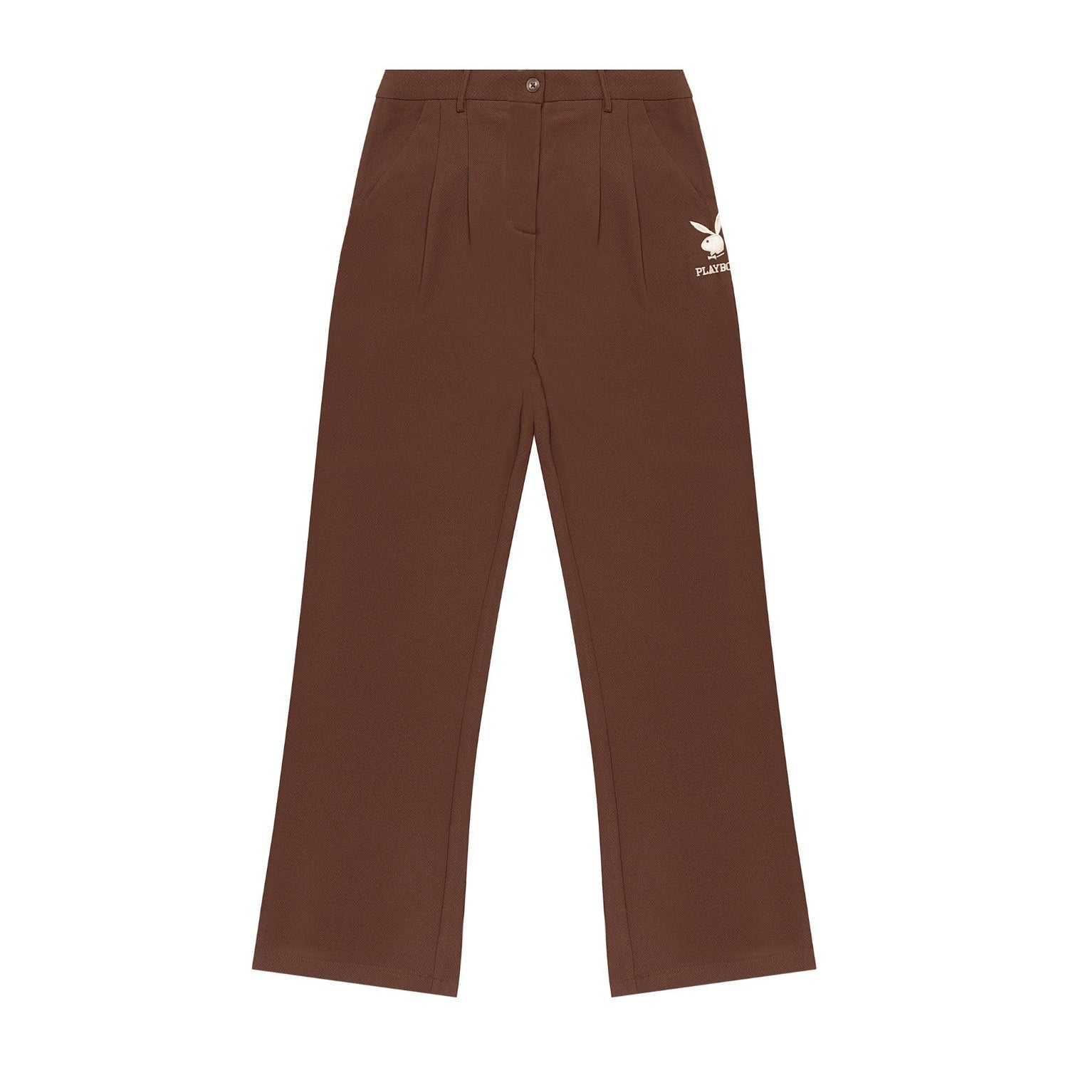 Women's brown boyfriend trousers with white bunny logo on hip, flat lay on white background