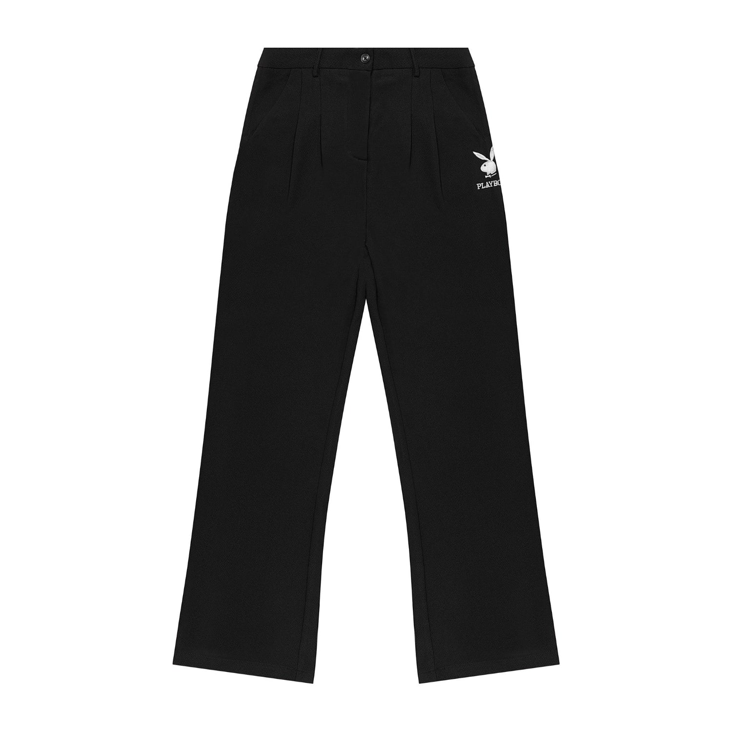 Black women's boyfriend trousers with white bunny logo on front pocket, flat lay
