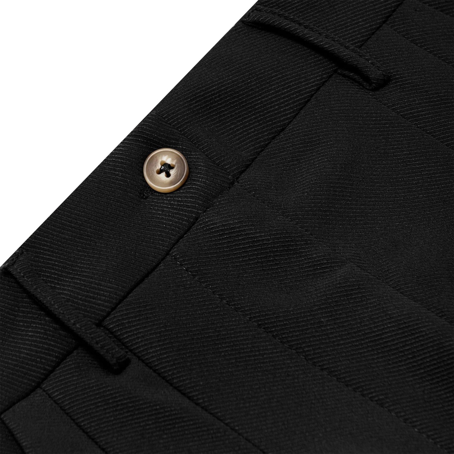Close-up of black women's boyfriend trousers waistband with button and belt loops