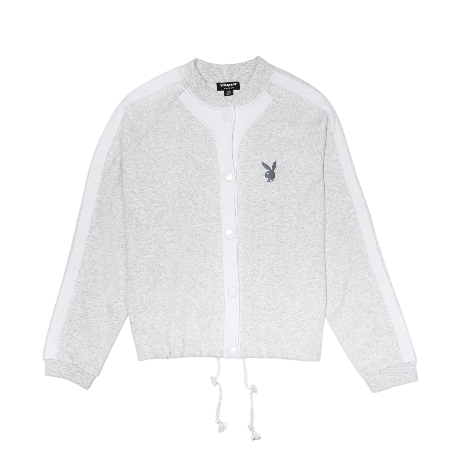 Light grey women's bomber jacket with white trim, button front, and bunny logo on chest
