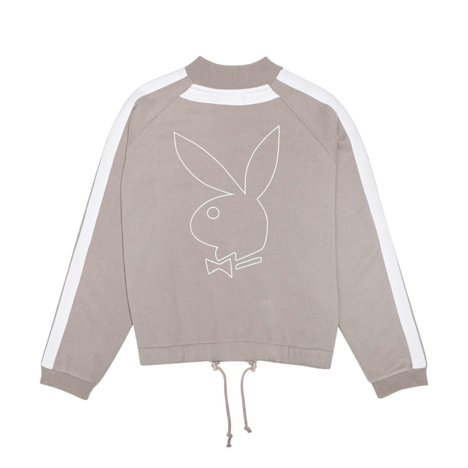 Women's taupe bomber jacket with white bunny logo and white stripes on sleeves
