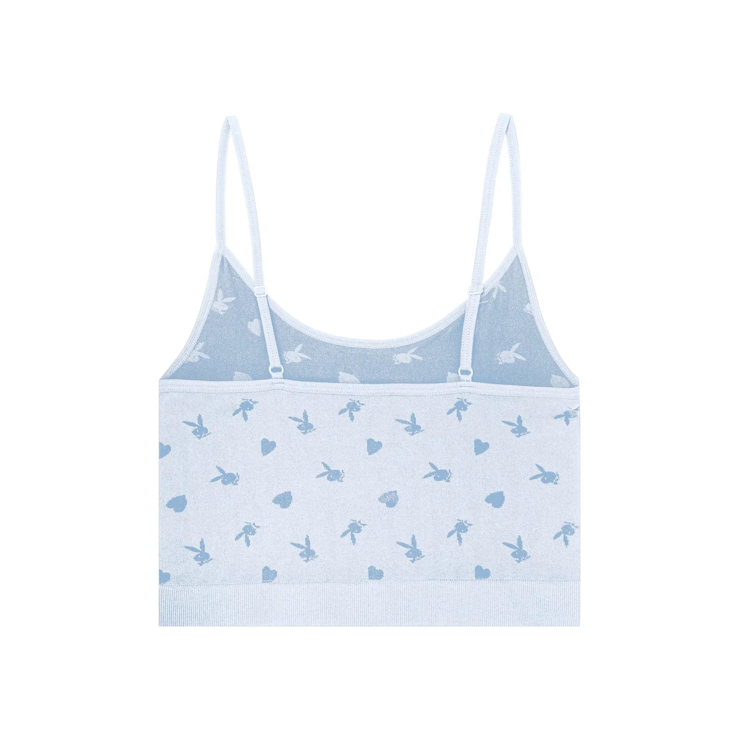 Light blue seamless cami top with bunny and heart pattern, adjustable spaghetti straps