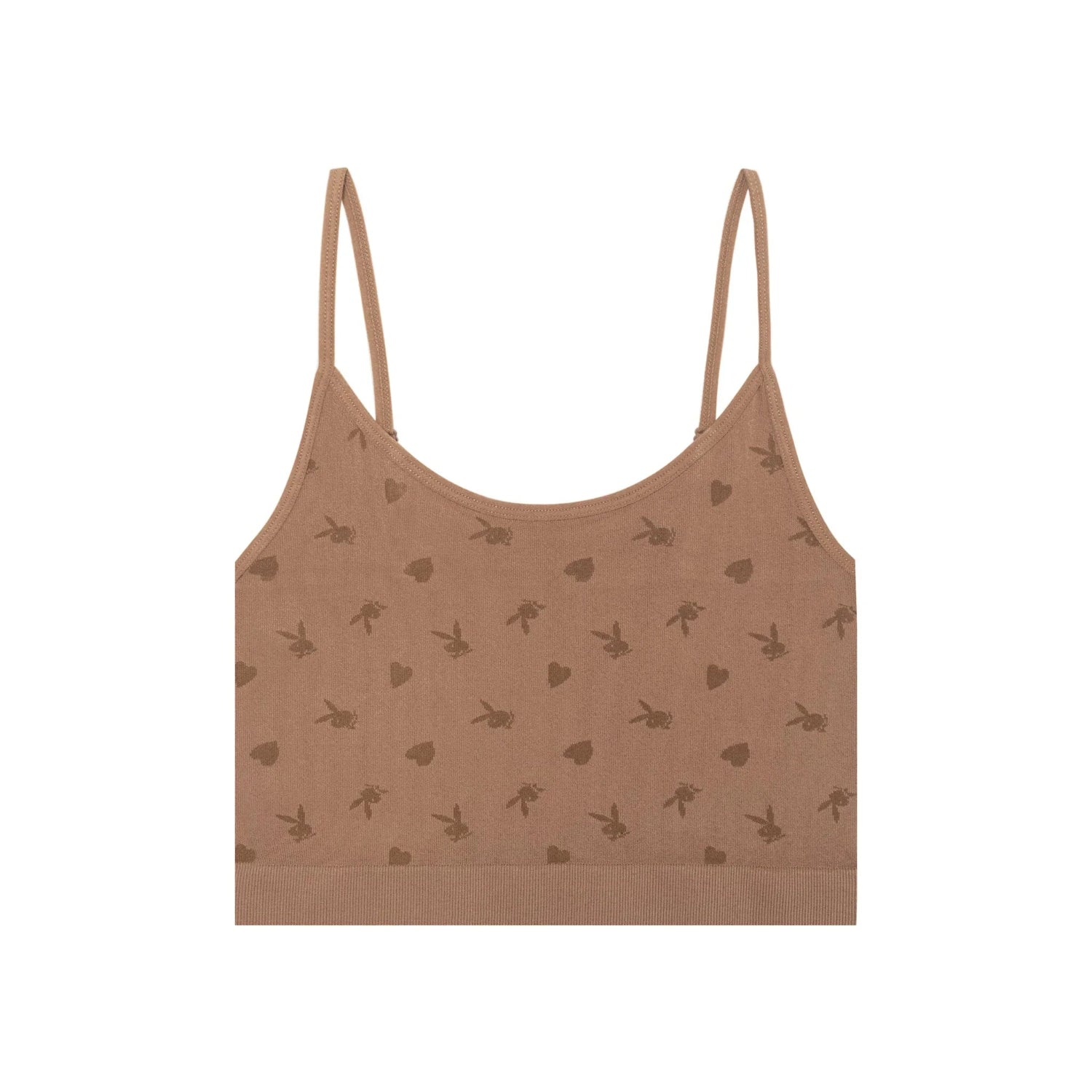 Women's brown seamless cami with heart and bunny graphic print, thin shoulder straps