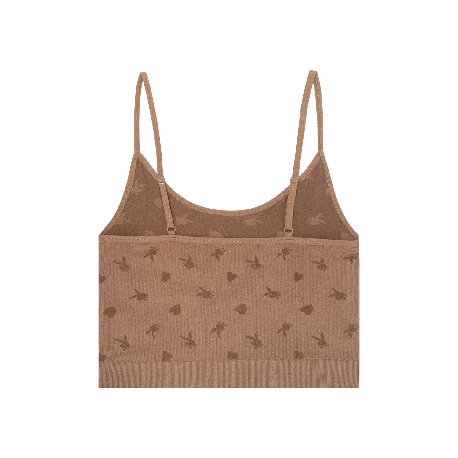 Brown seamless women's cami top with bunny and heart pattern, adjustable straps, flat lay