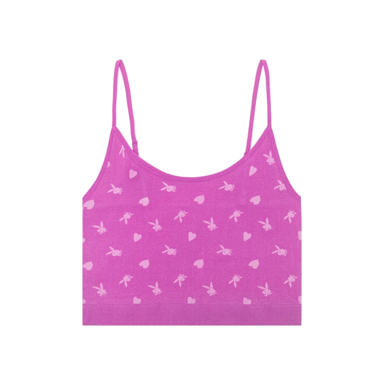 Pink women's seamless cami top with bunny and heart pattern, spaghetti straps visible