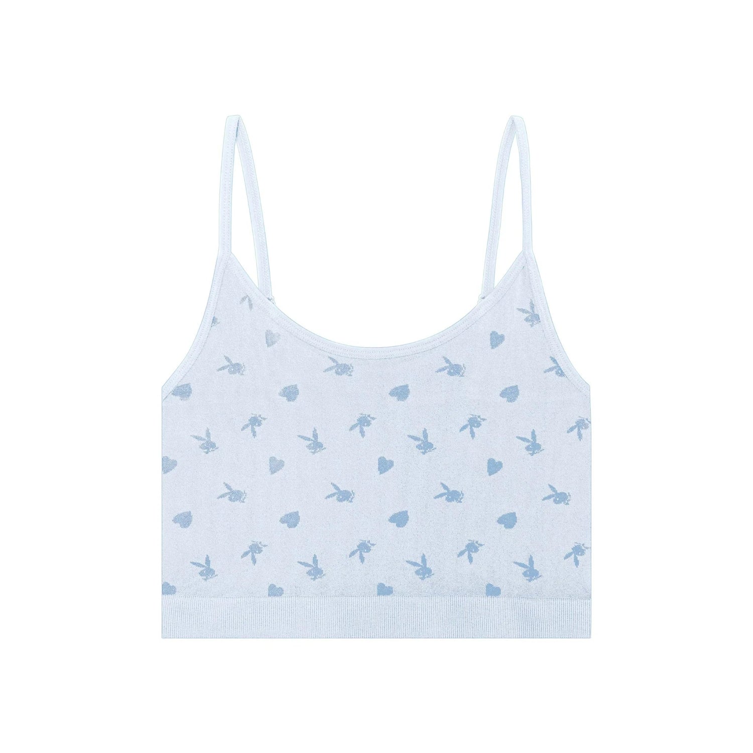 Light blue women's seamless cami with bunny and heart pattern, thin straps, cropped style