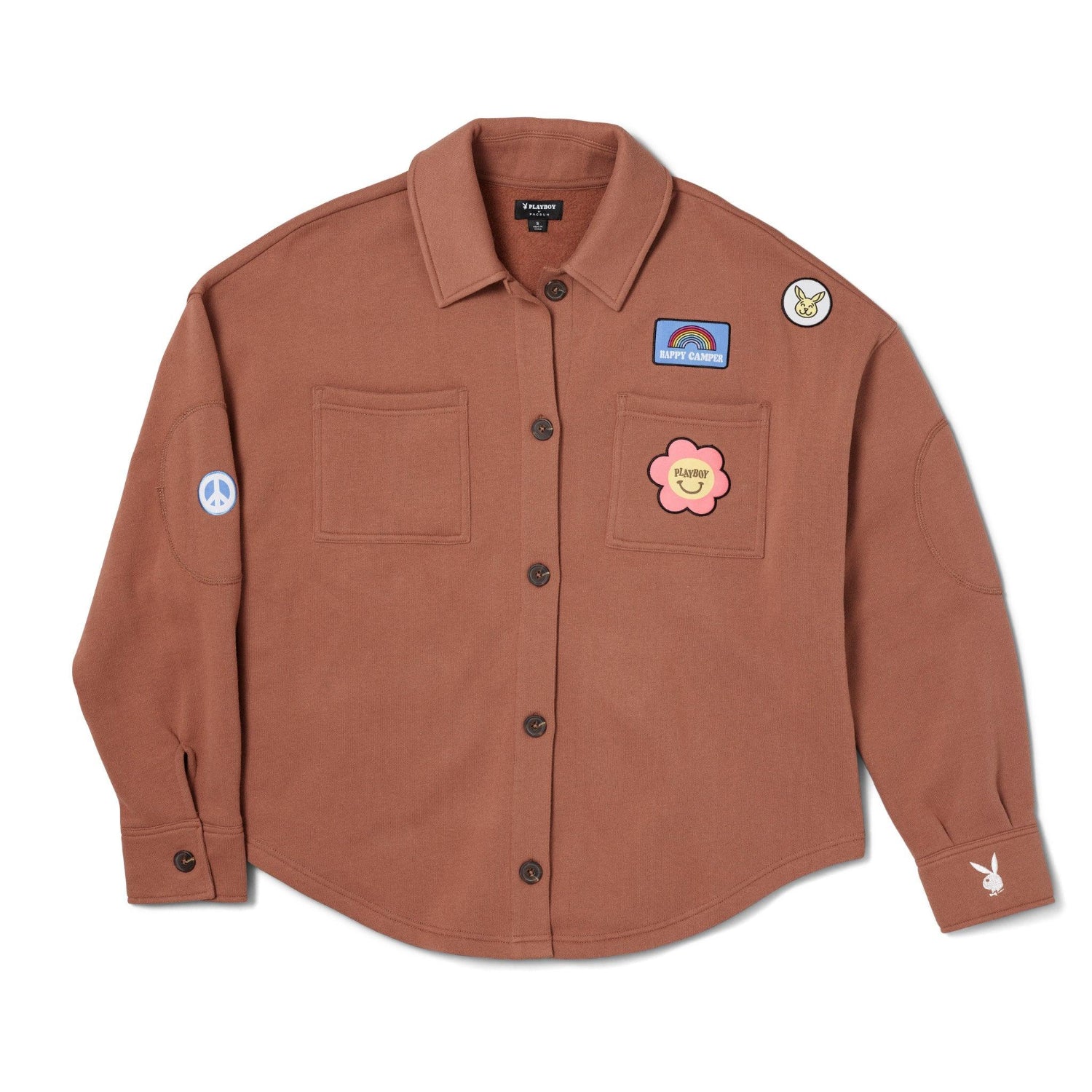 Women's brown button-down camp shirt with colorful patches and two chest pockets