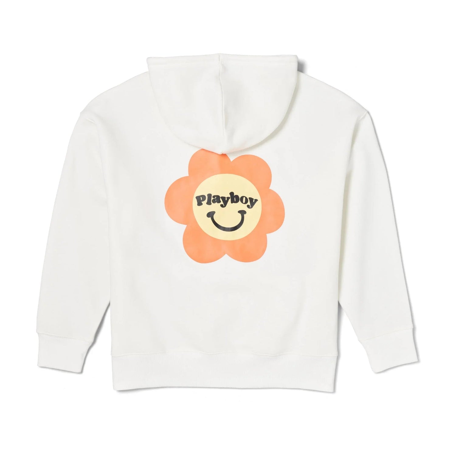 White oversized women's hoodie with orange floral smiley face graphic and 'Playboy' text on back.