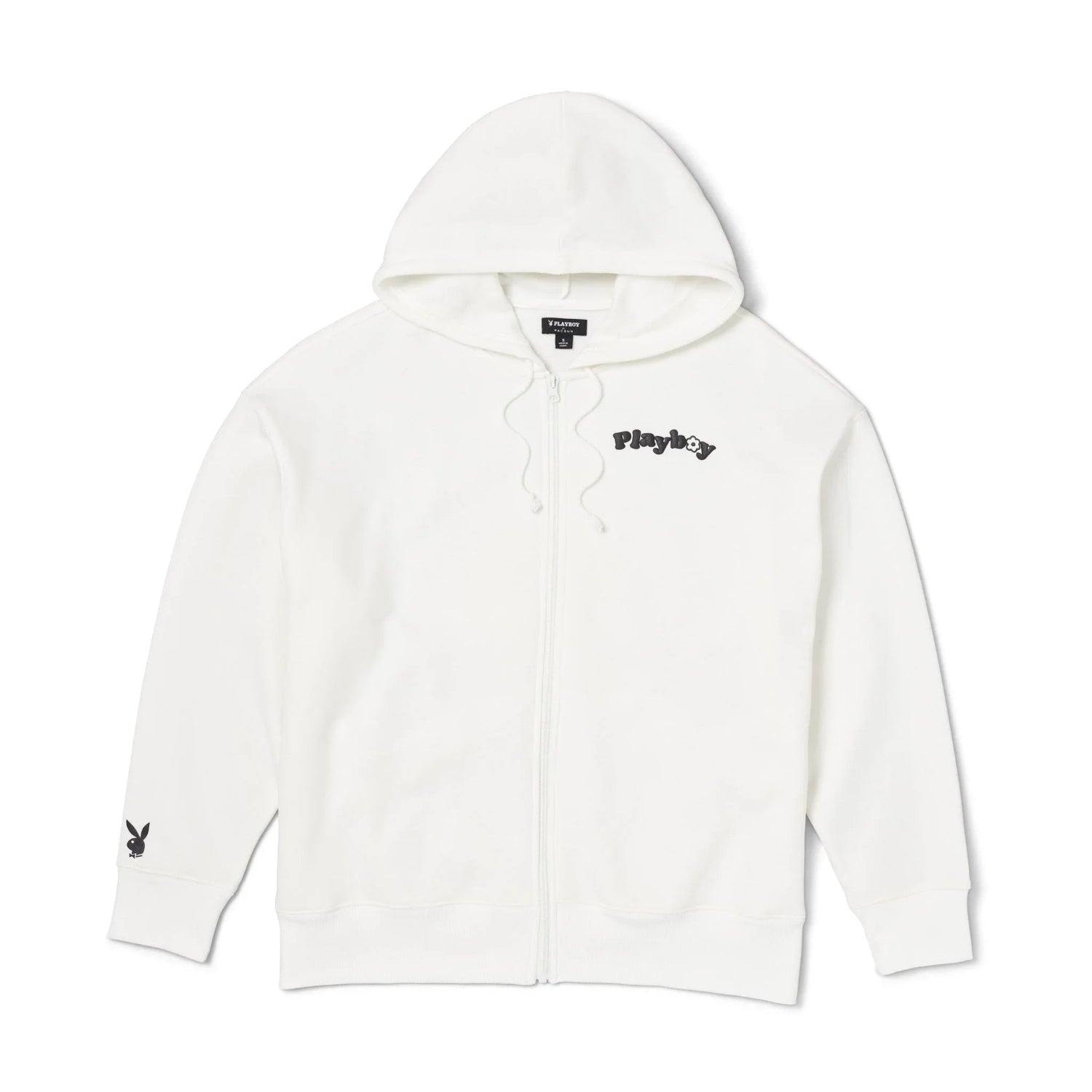 White oversized women's zip-up hoodie with hood and black text graphic on chest and sleeve.