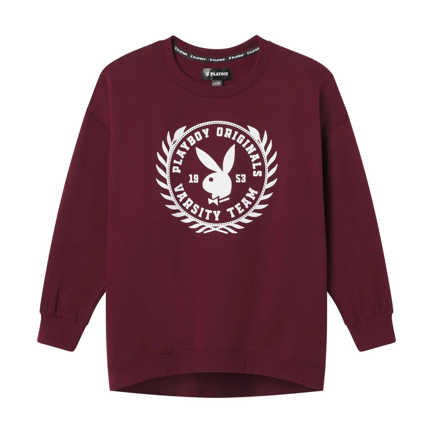Women's burgundy varsity crewneck sweatshirt with white graphic and rabbit logo on front