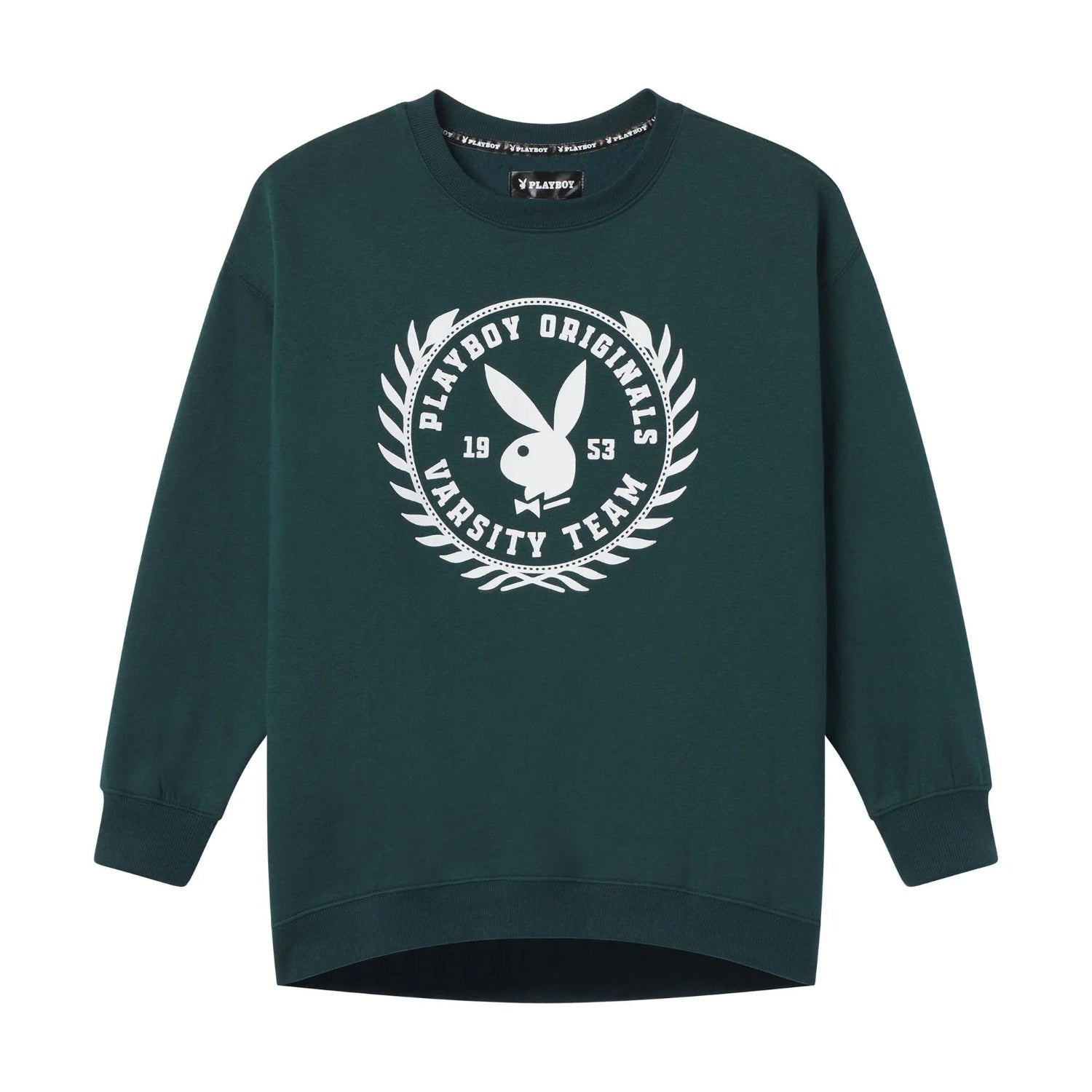 Dark green women's crewneck sweatshirt with white varsity team logo and bunny graphic on front.