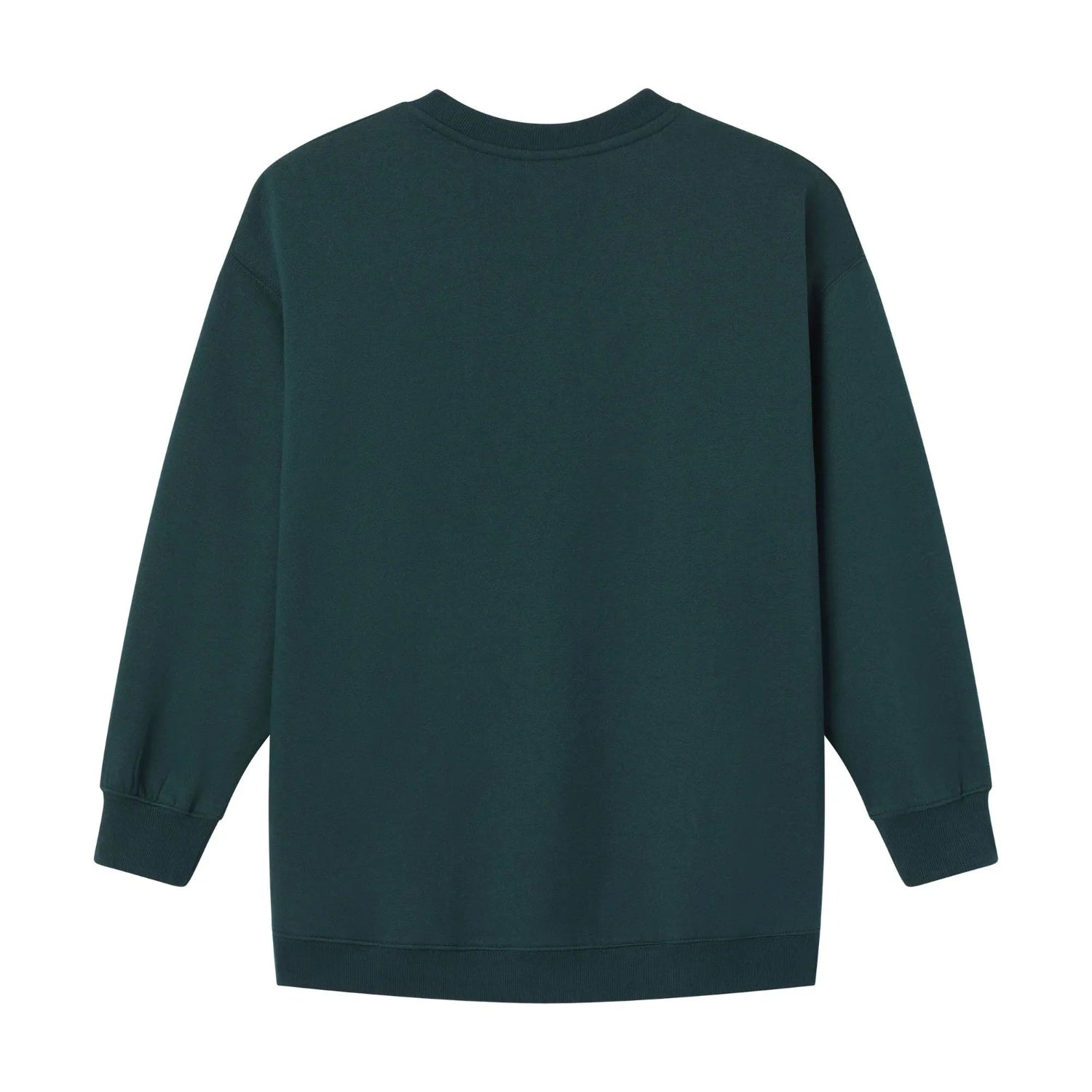 Back view of women's dark green varsity crewneck sweatshirt with long sleeves