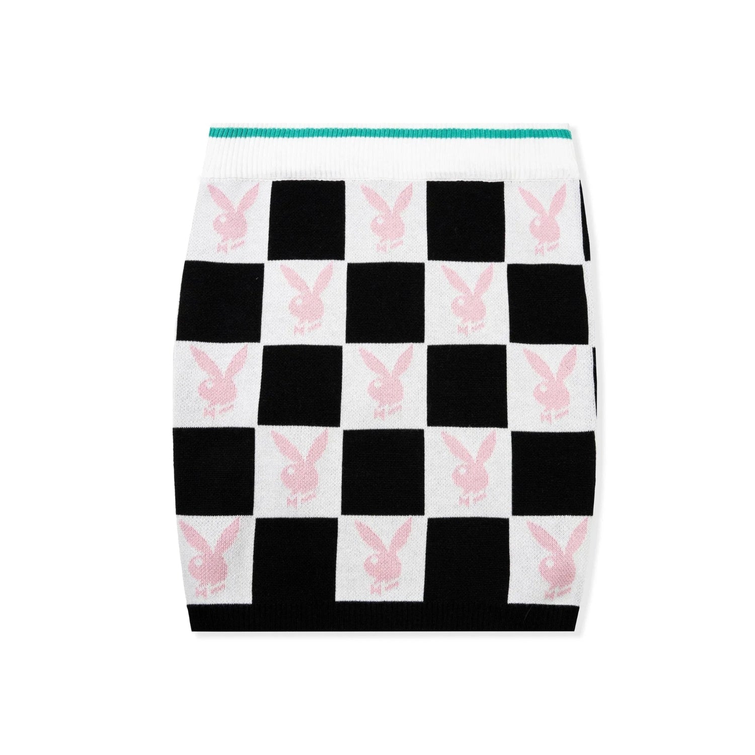 Women's black and white checkerboard mini skirt with pink bunny logo accents