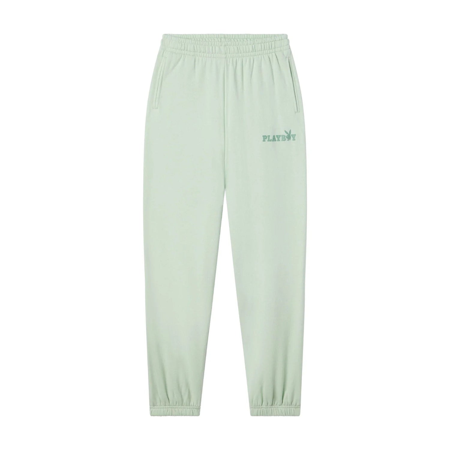 Light green women's sweatpants with elastic waist and cuffs, side pockets, and logo detail.