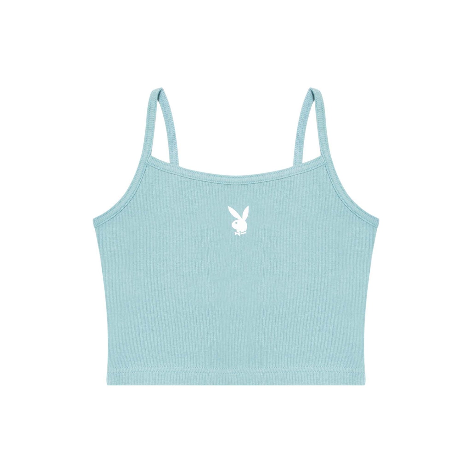 Light blue ribbed women's scoop cami with white bunny logo, front view, thin straps