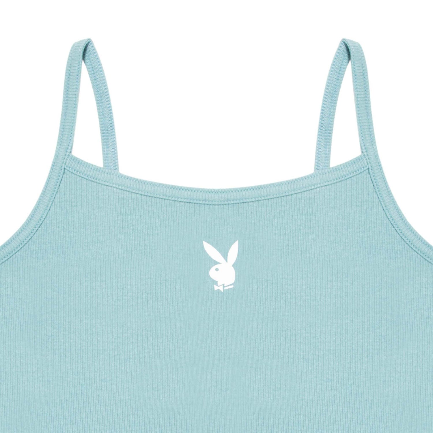 Light blue ribbed women's scoop cami with white bunny logo and thin straps
