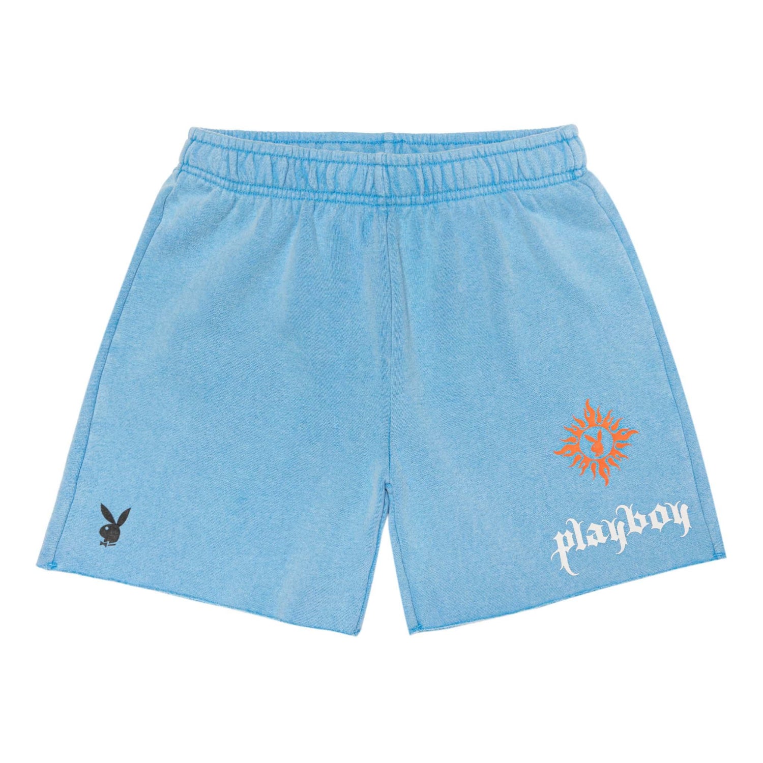 Light blue women's boyfriend shorts with contrast stitching, sun flame graphic, and bold logo print