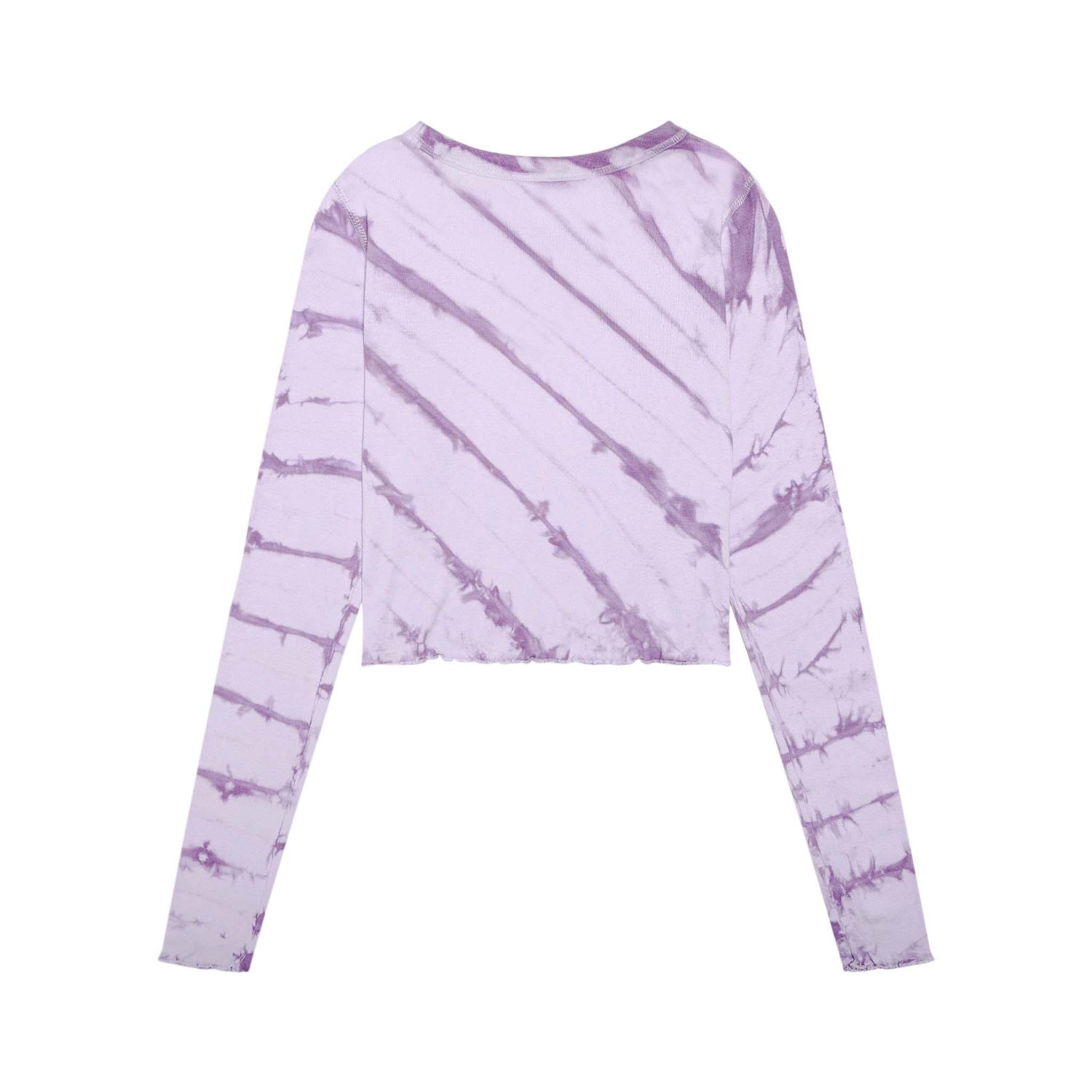 Women's purple tie dye long sleeve crop top with contrast stitching, back view