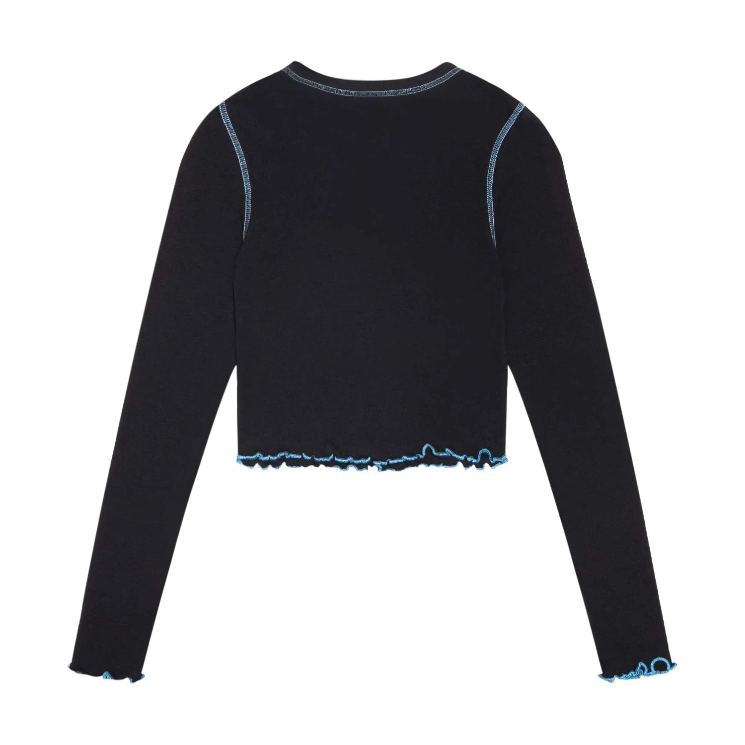 Black women's long sleeve crop top with blue contrast stitching and lettuce hem, back view