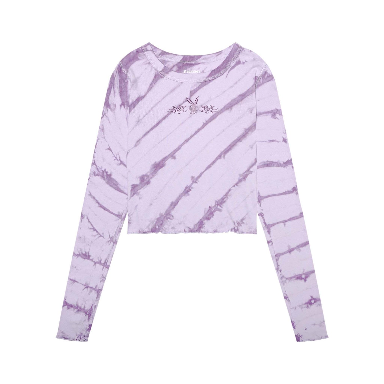 Women's purple tie-dye long sleeve crop top with embroidery on chest, laid flat