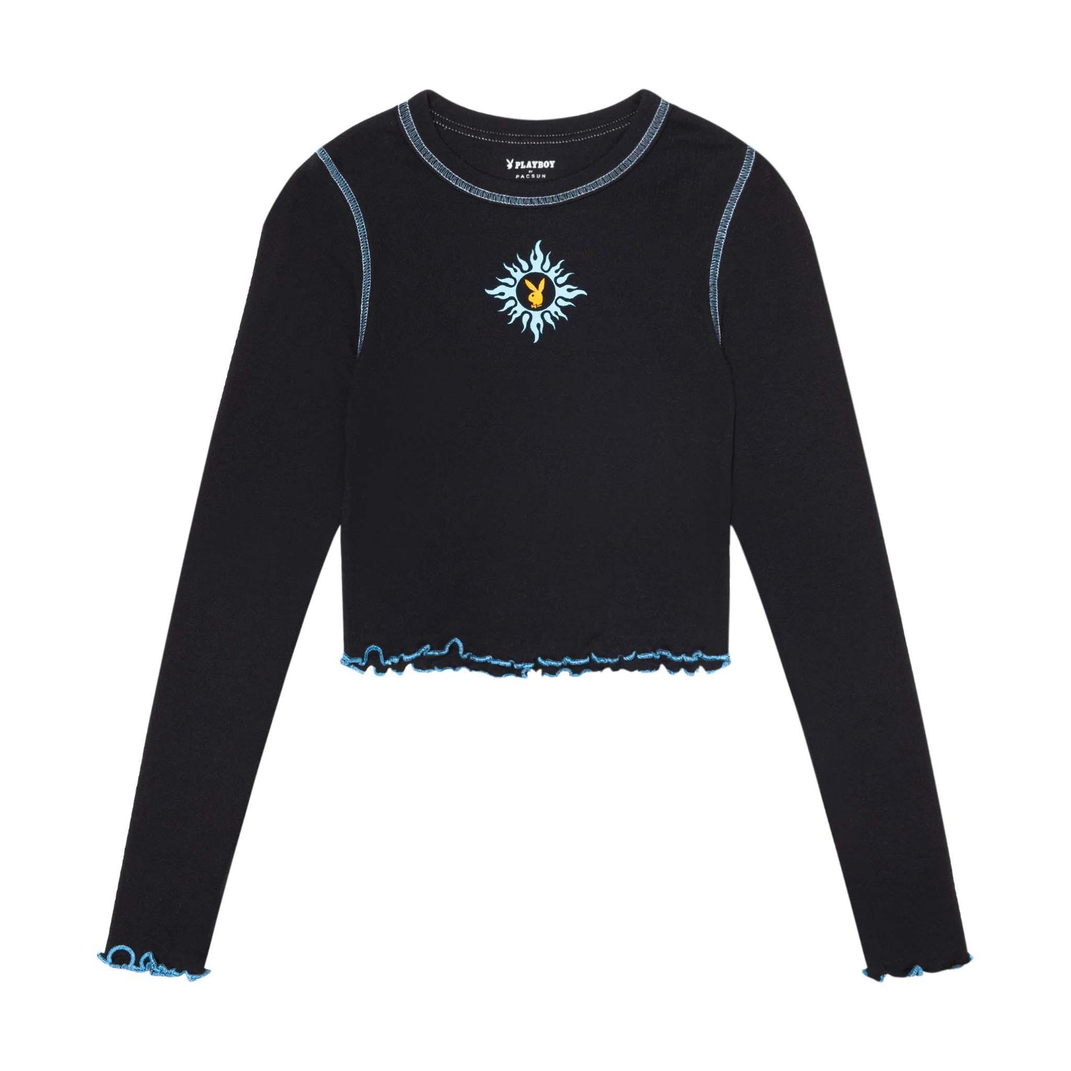 Women's black long sleeve crop top with blue contrast stitching and sun flame graphic
