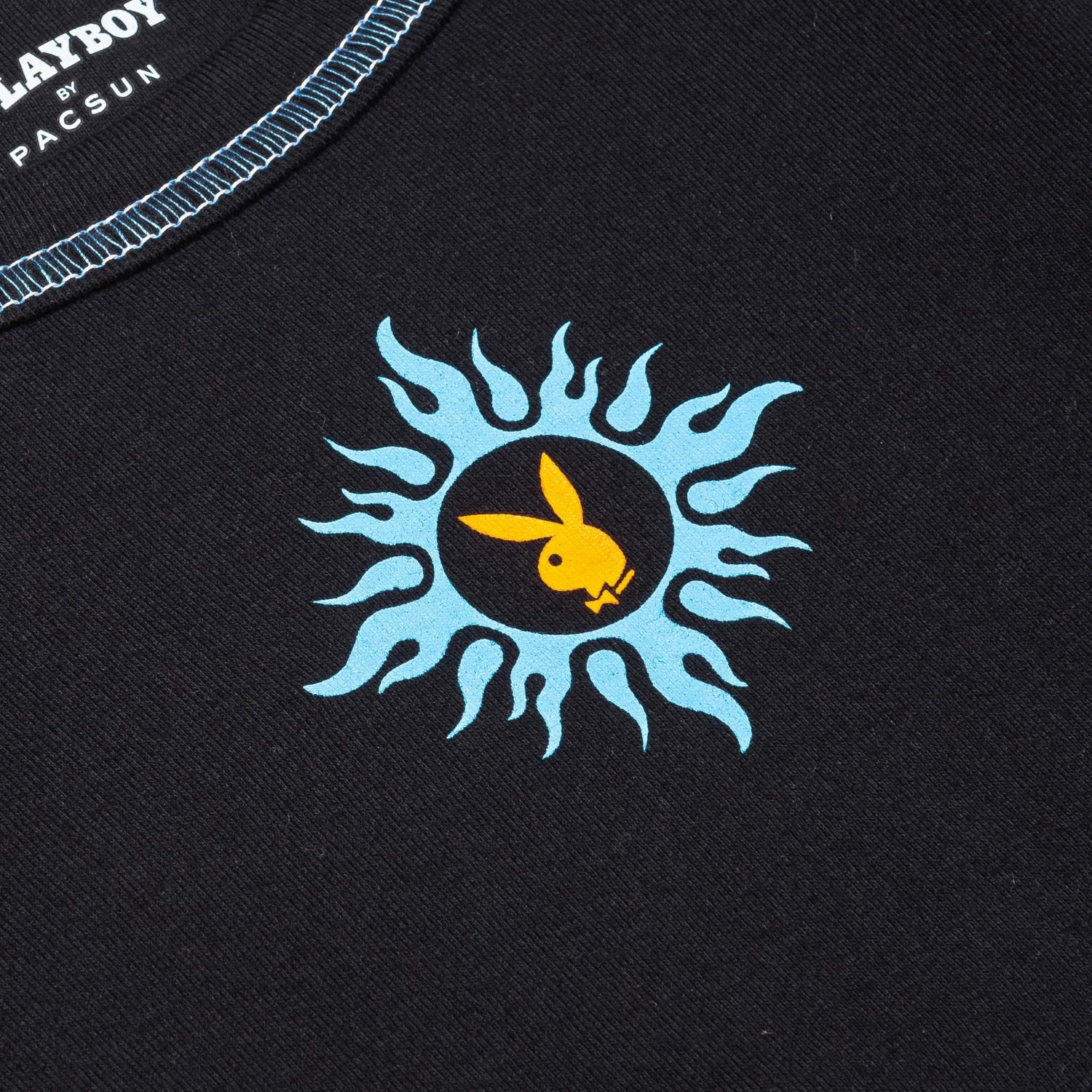 Black long sleeve shirt with contrast stitching and a yellow bunny logo in a blue sun graphic