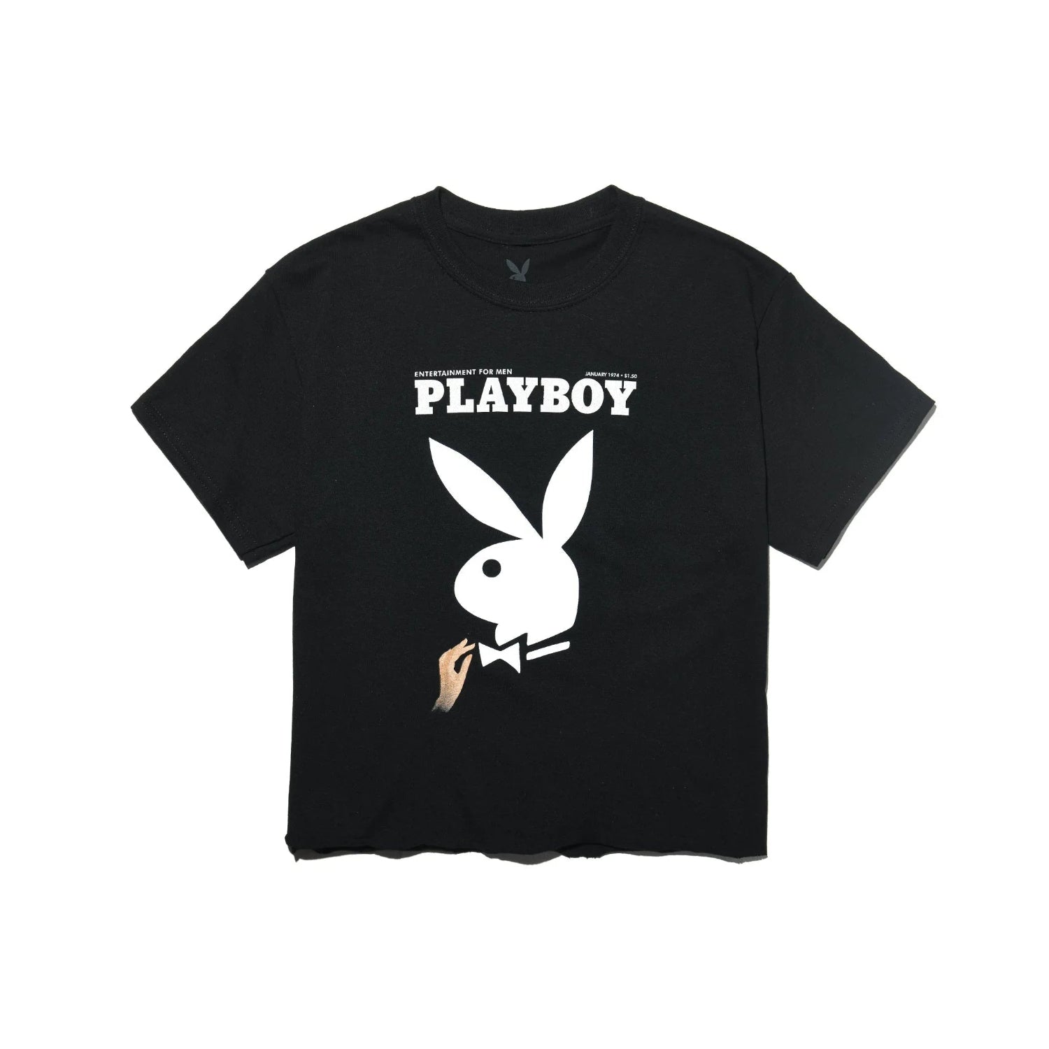 Black cropped women's t-shirt with large white bunny logo, bold text and vintage hand graphic on front.