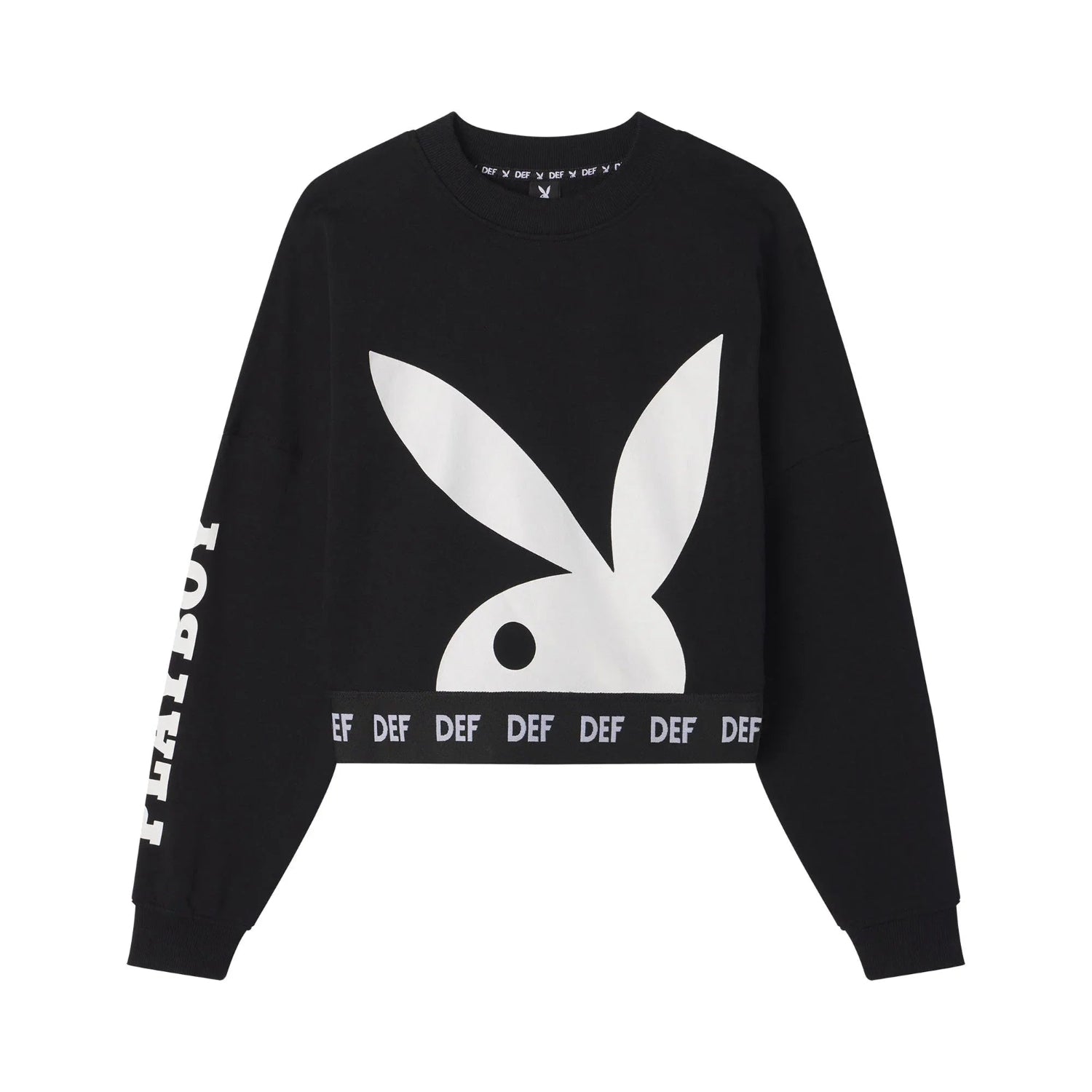 Black women's cropped crewneck sweatshirt with large white bunny logo and bold arm text