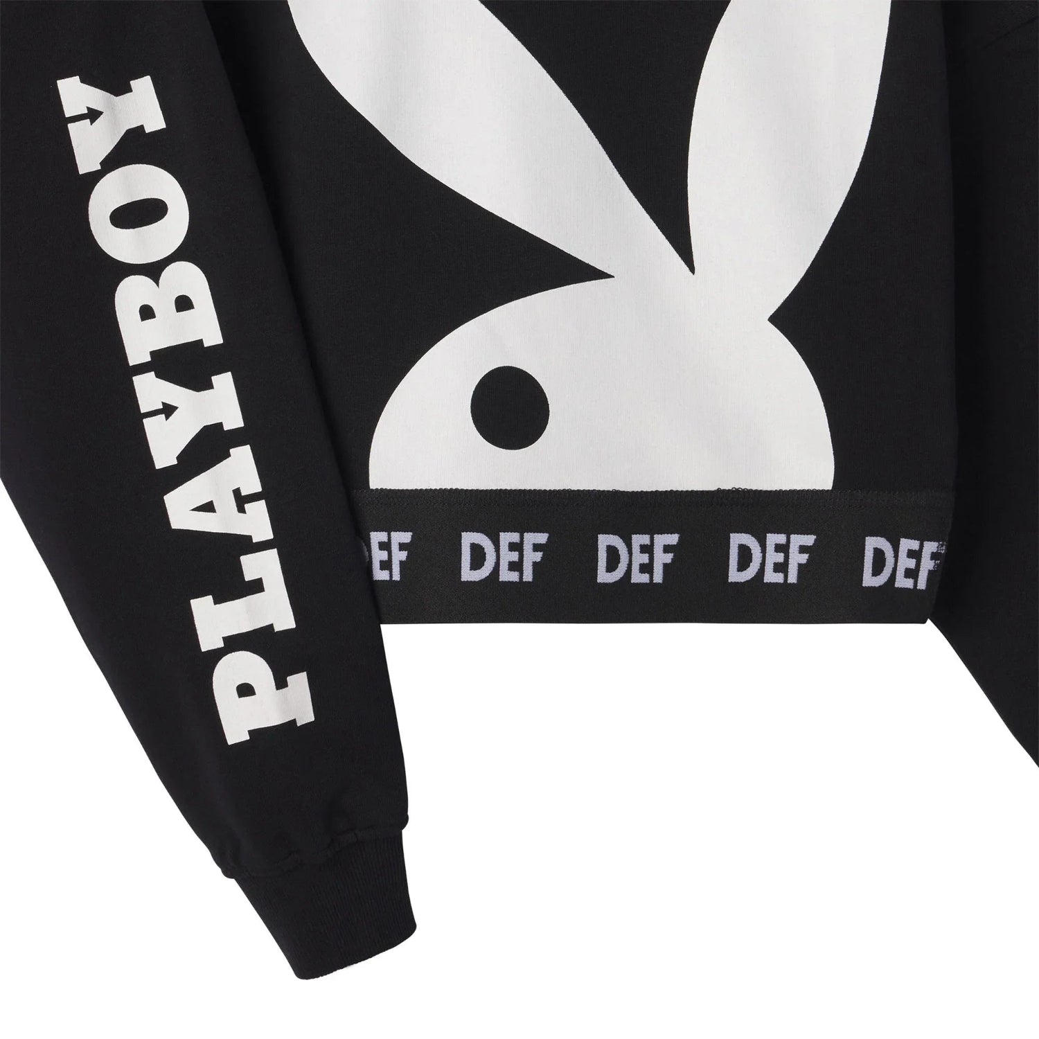 Black women's cropped crewneck sweatshirt with large bunny graphic, logo sleeve, and DEF hem detail