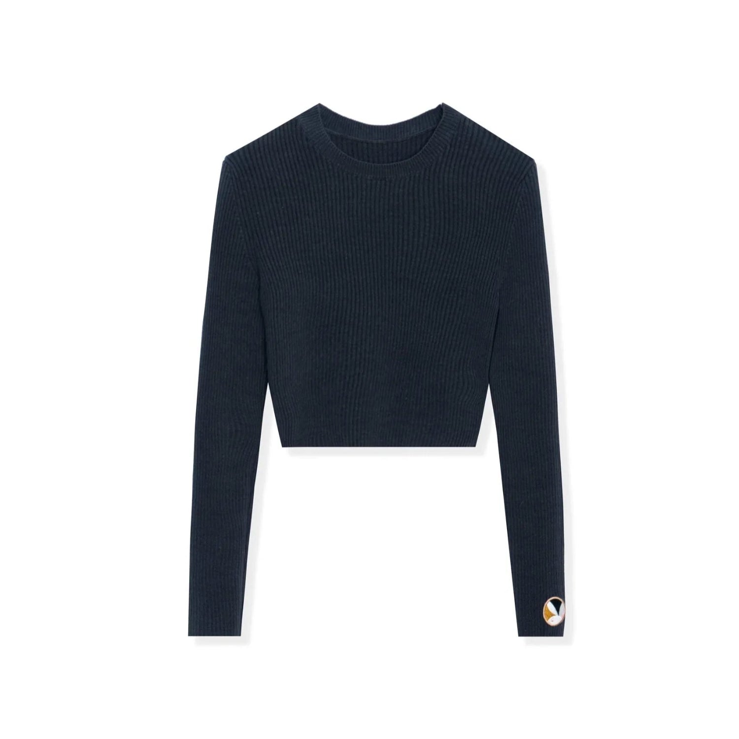 Black ribbed women's cropped long sleeve top with round neck and small embroidered patch on sleeve