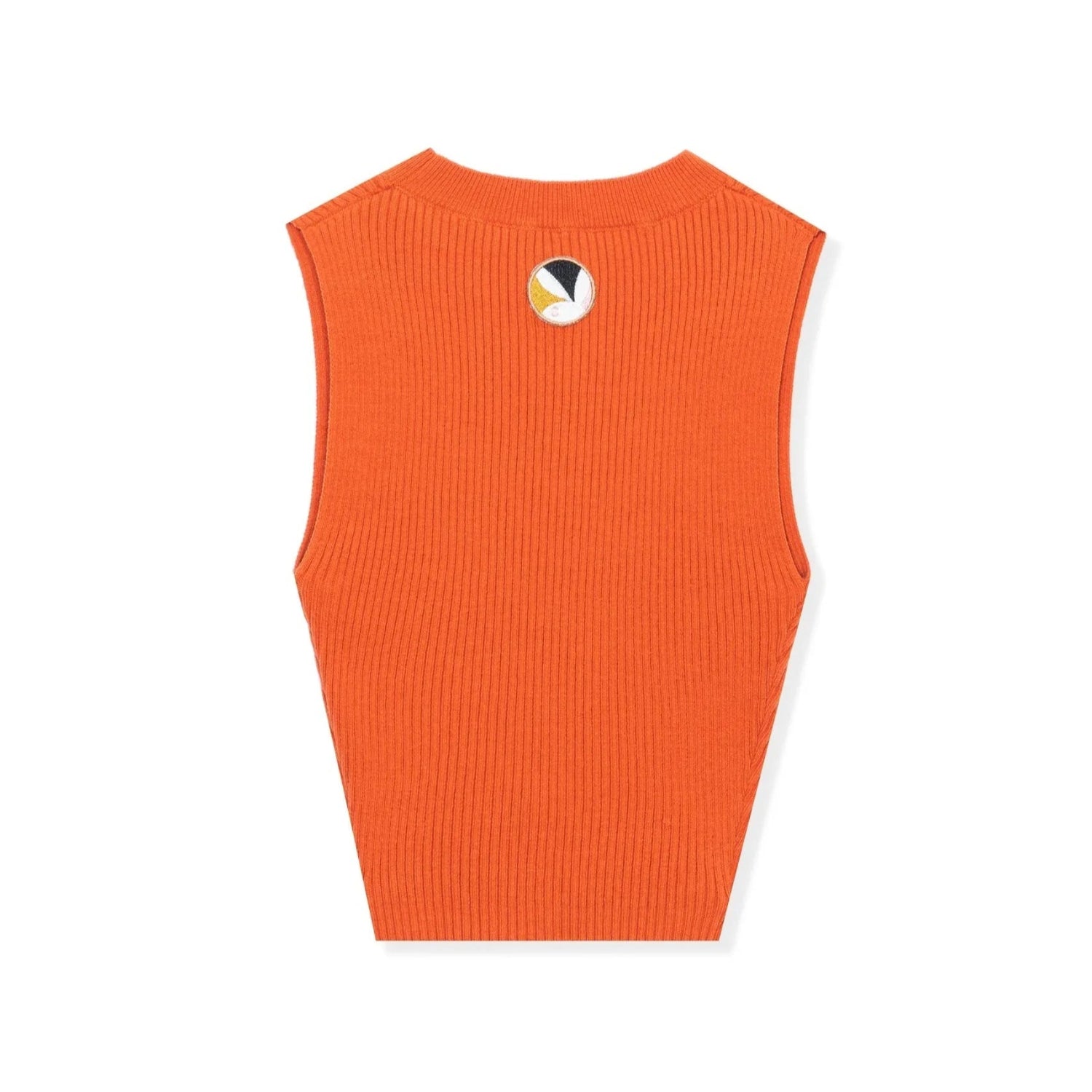 Back view of orange ribbed women's cropped tank top with multicolor patch near neckline