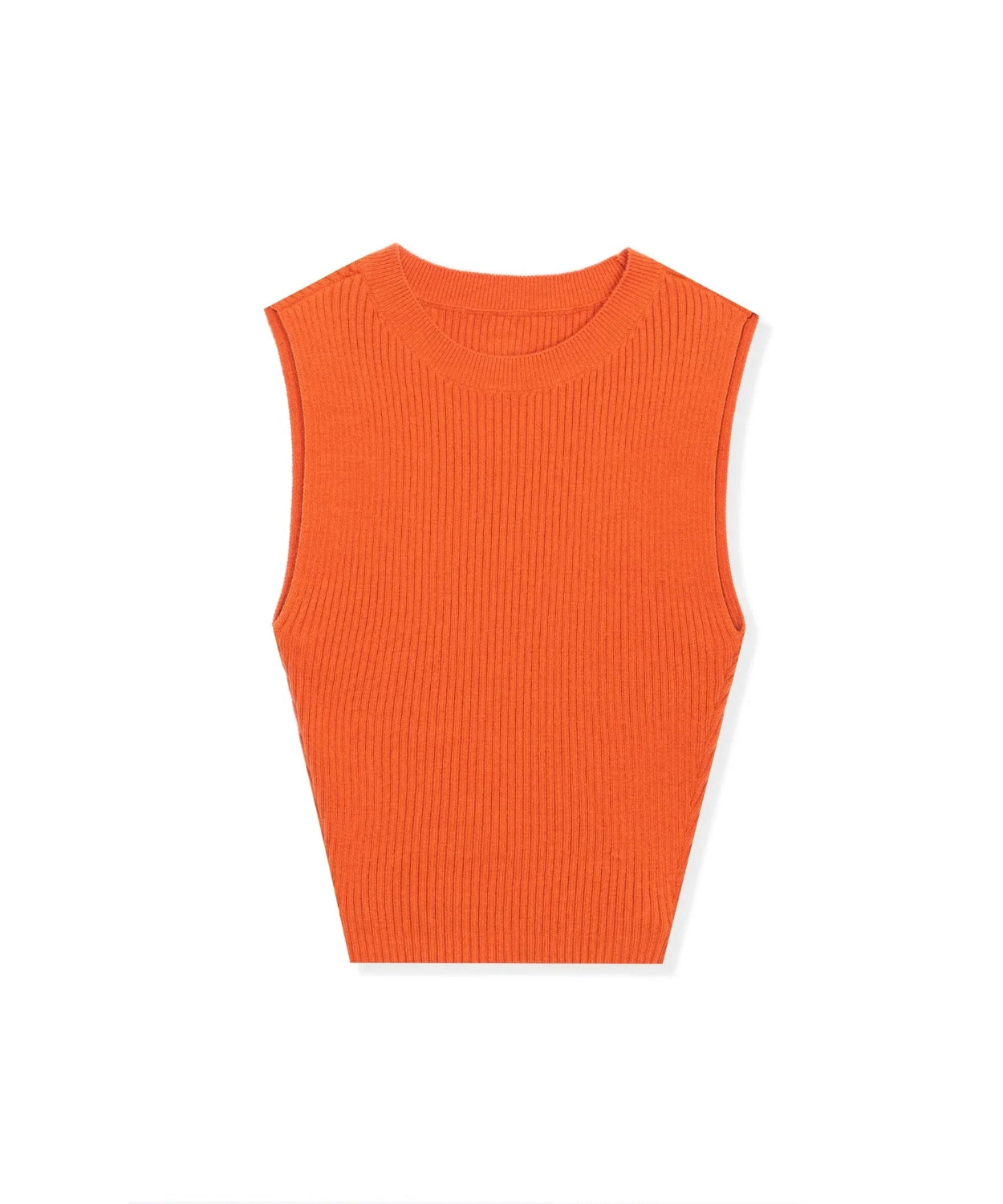 Orange ribbed women's cropped tank top, sleeveless, laid flat on white background