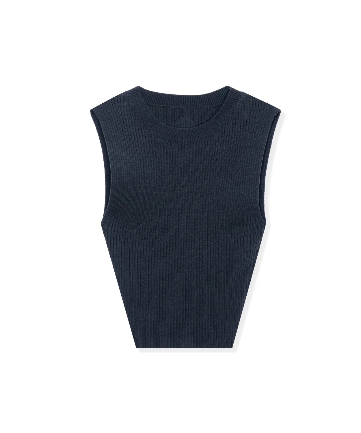 Women's black ribbed cropped tank top, sleeveless, laid flat on white background