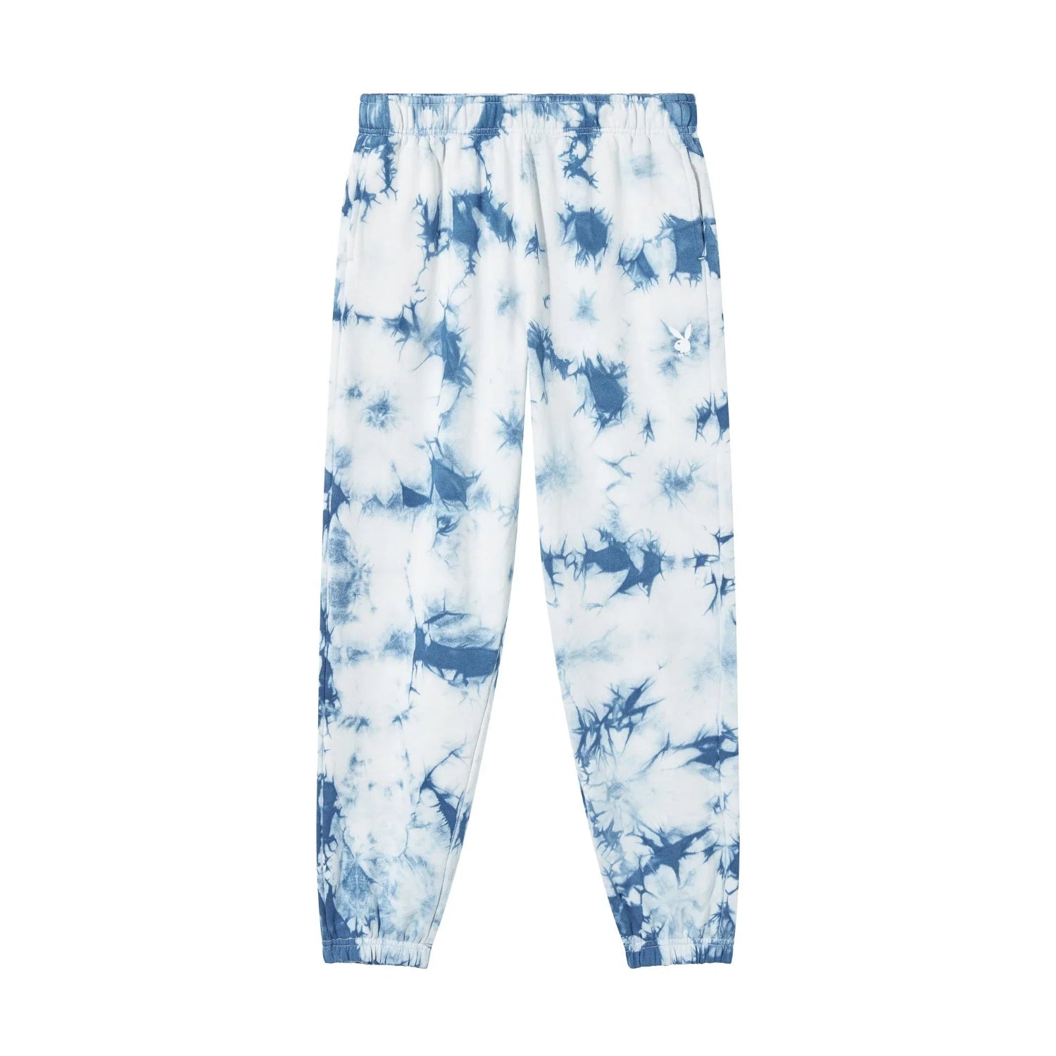 Blue and white women's crystal tie-dye sweatpants with elastic waistband and cuffs