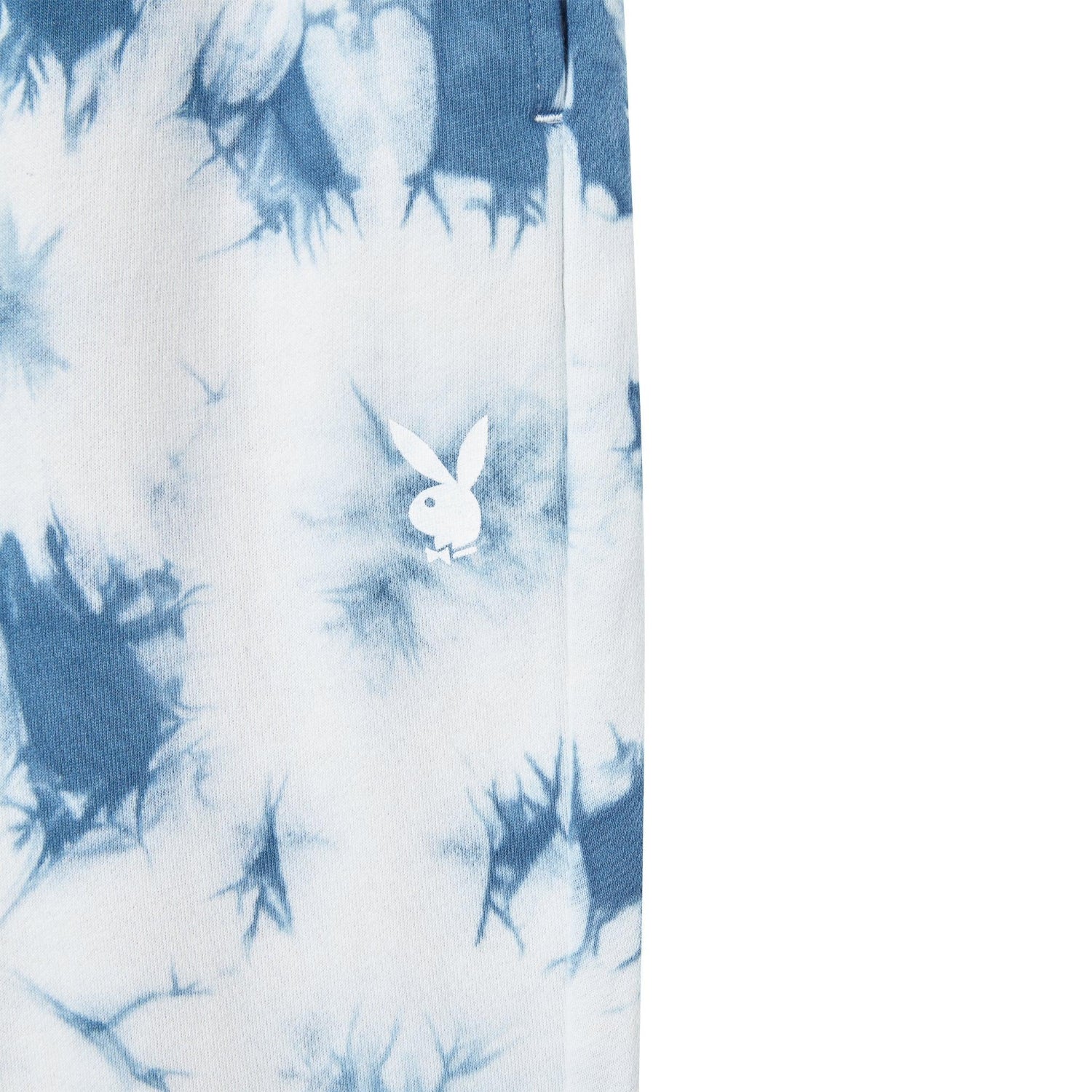 Women's blue and white tie-dye sweatpants with bunny logo detail