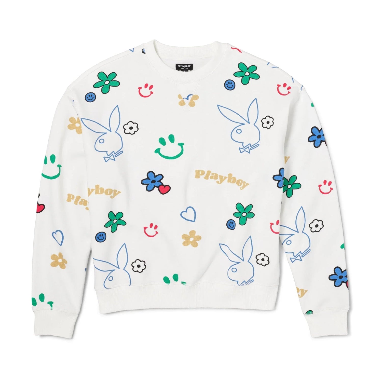 White women's crew neck sweatshirt with colorful doodle prints, bunny logos, flowers, and smiley faces