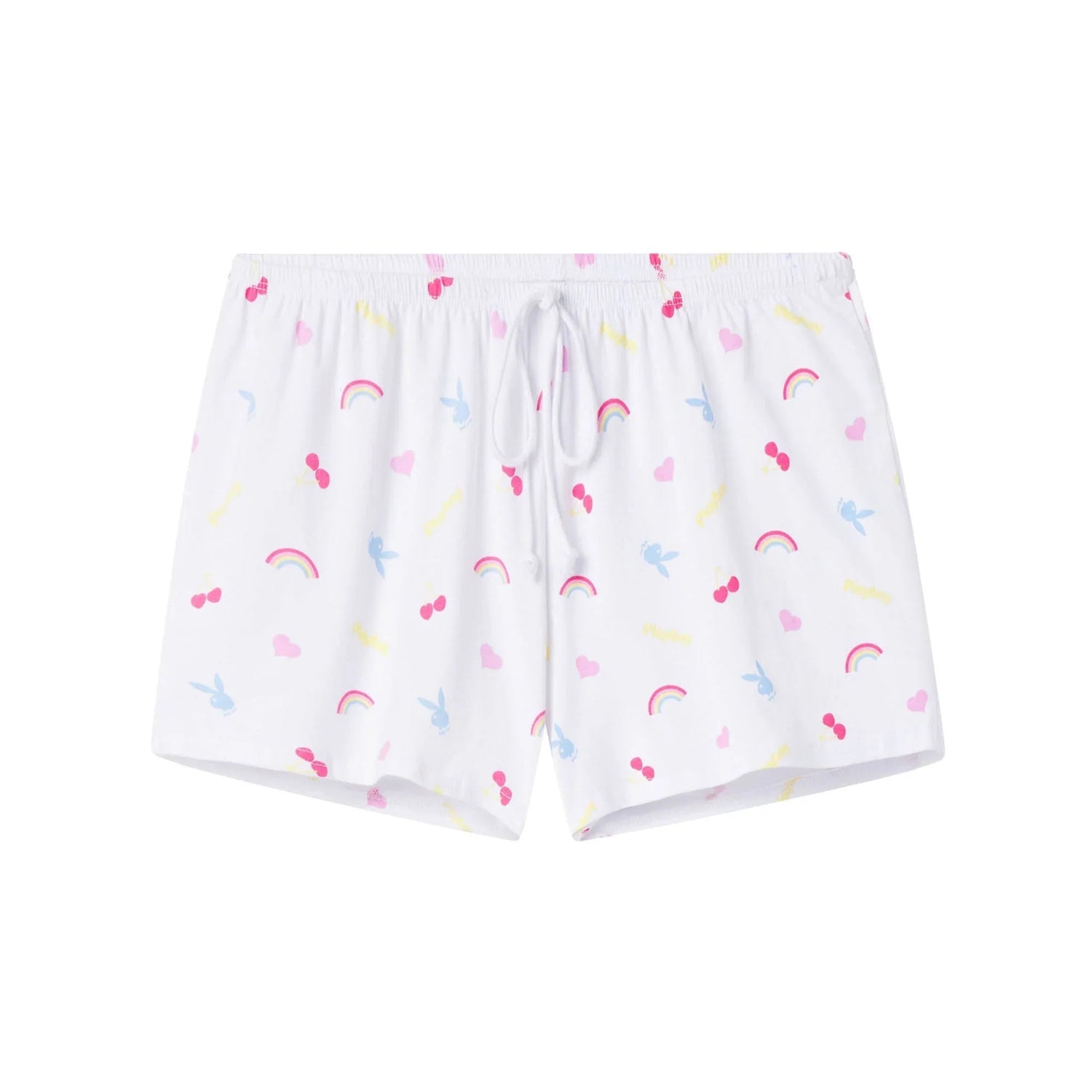 White women's lounge shorts with colorful rainbow, heart, cherry, and bunny print, drawstring waist