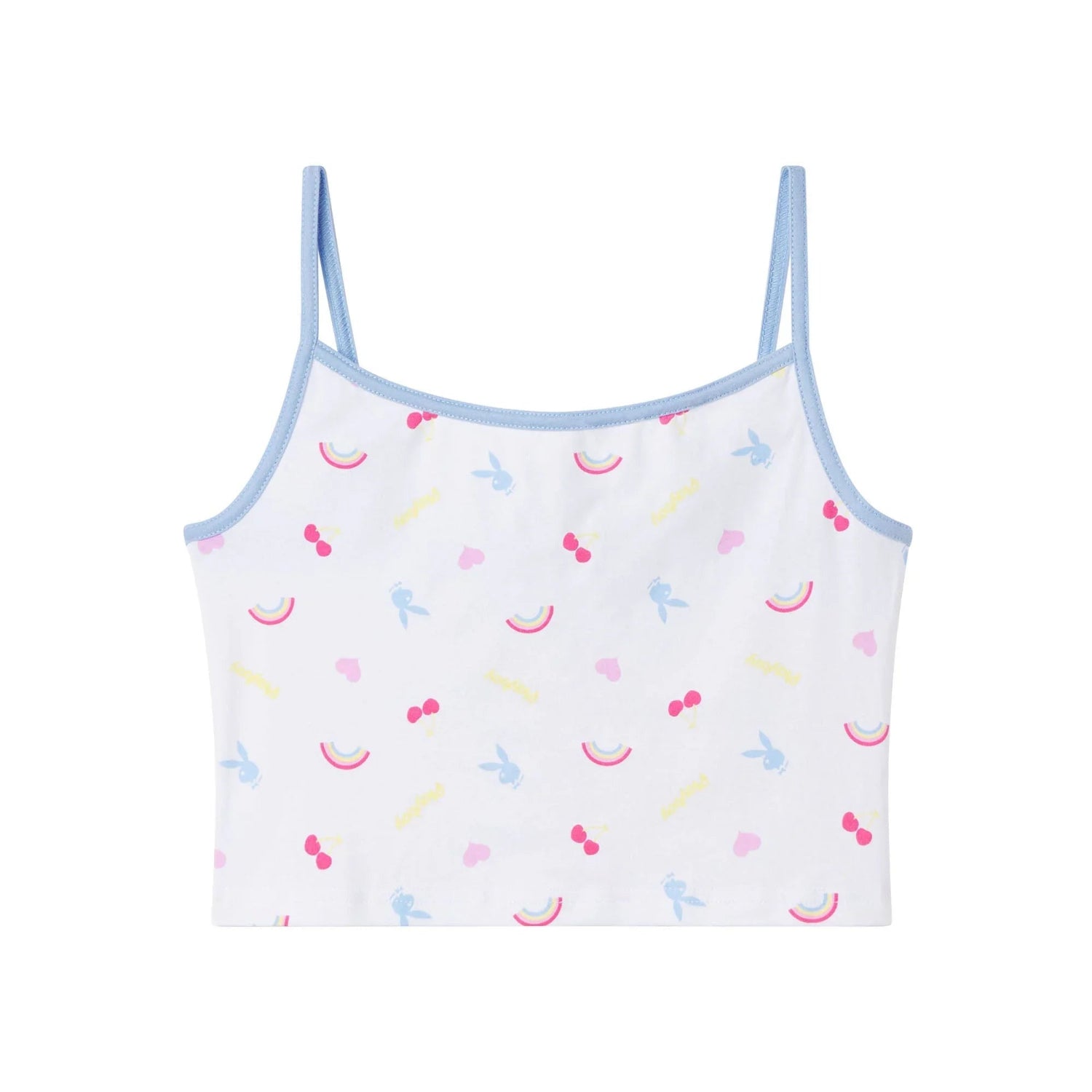 White women's lounge tank top with pastel rainbow, cherry, heart, and bunny graphic print.