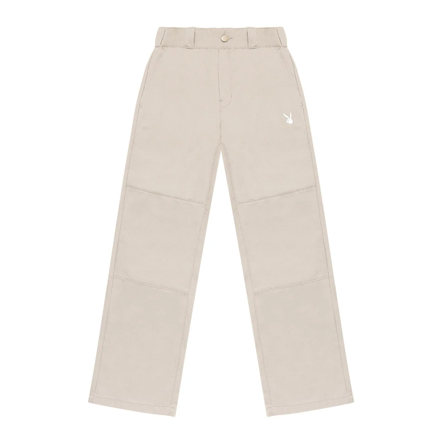 Beige women's straight-leg work pants with belt loops and white bunny logo on front pocket