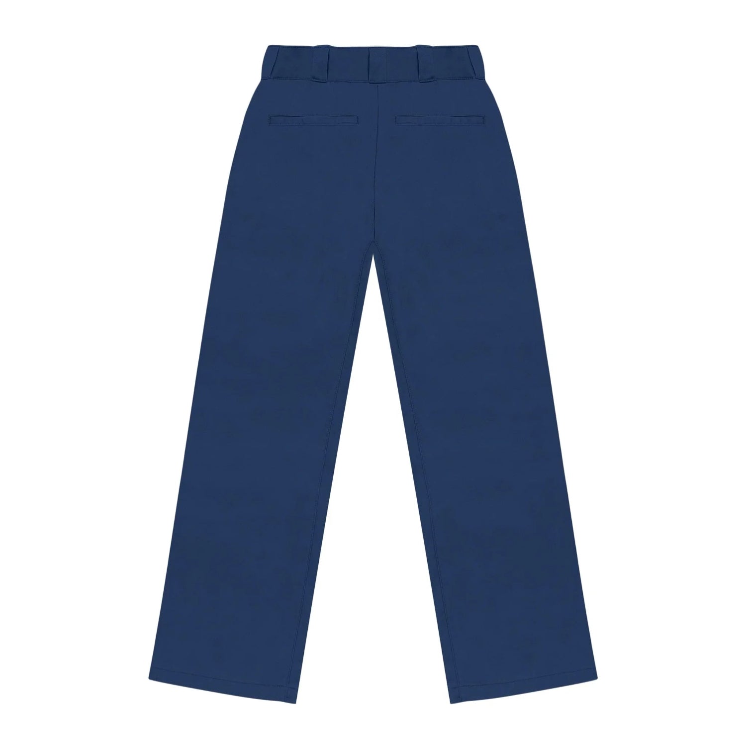 Back view of women's navy blue straight-leg work pants with belt loops and welt pockets