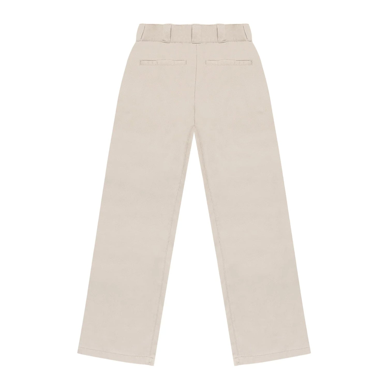Beige women's straight-leg work pants with belt loops and back welt pockets, flat lay.