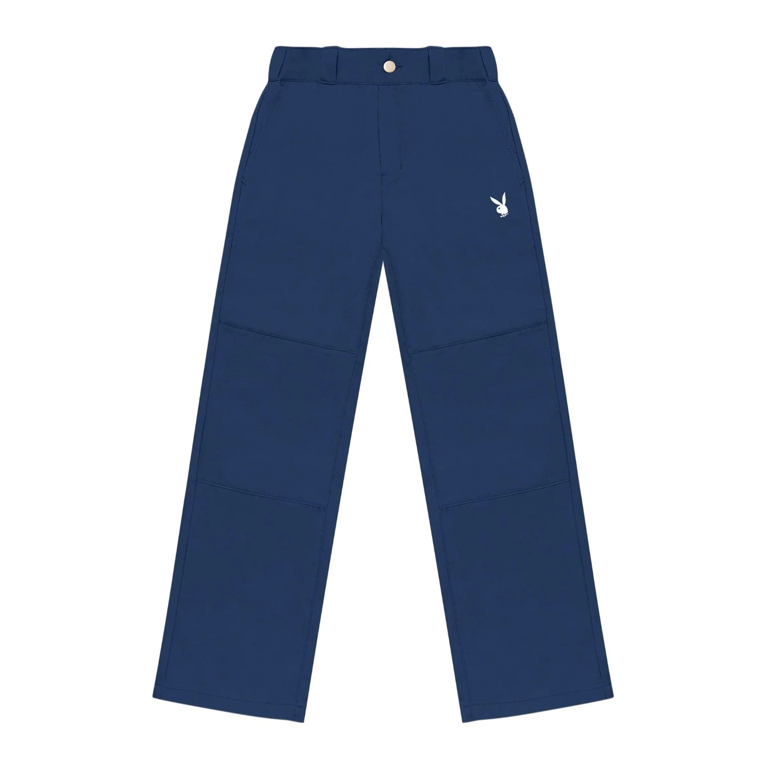 Women's straight-leg navy work pants with white bunny logo on pocket, flat lay view