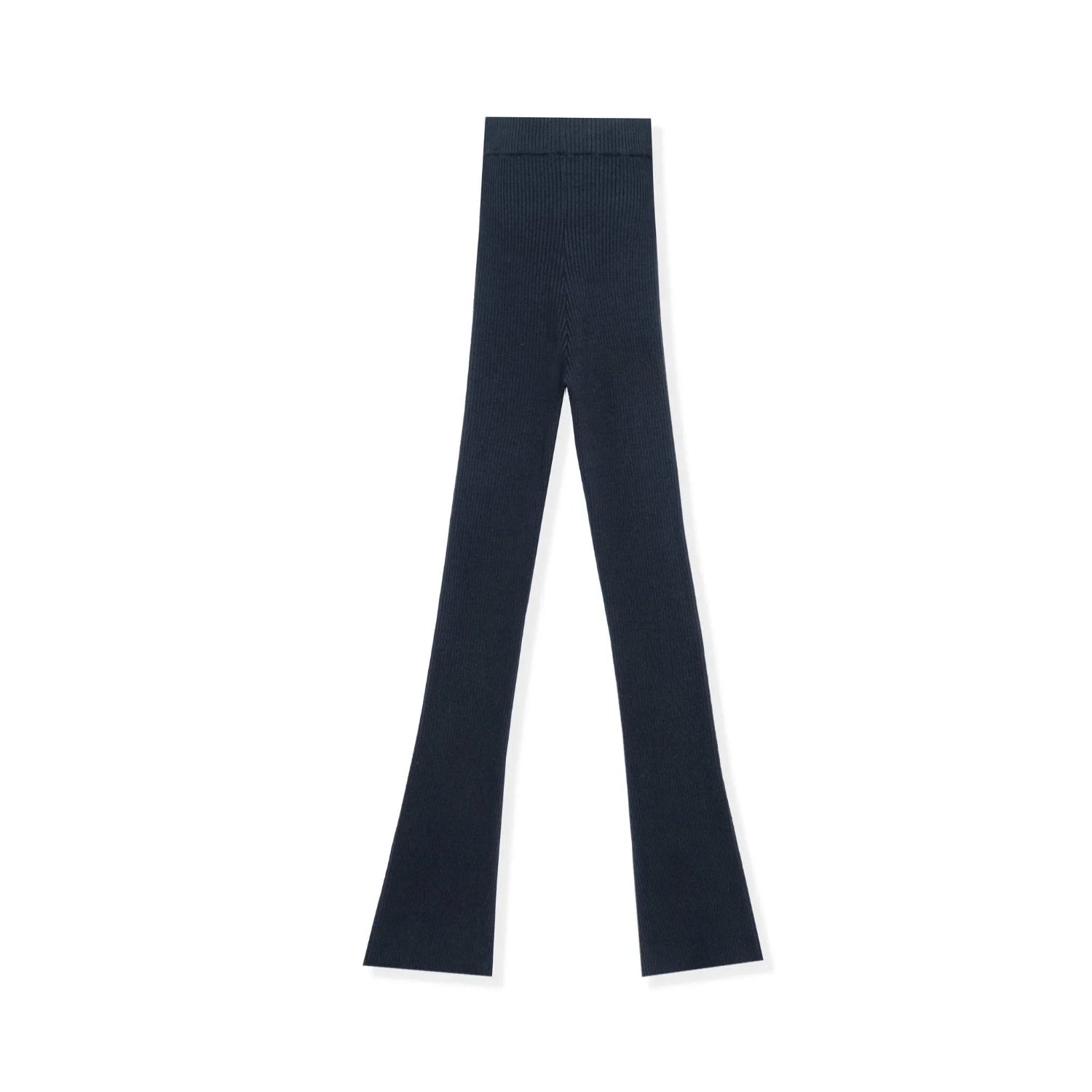 Black women's flared ribbed leggings laid flat on a white background