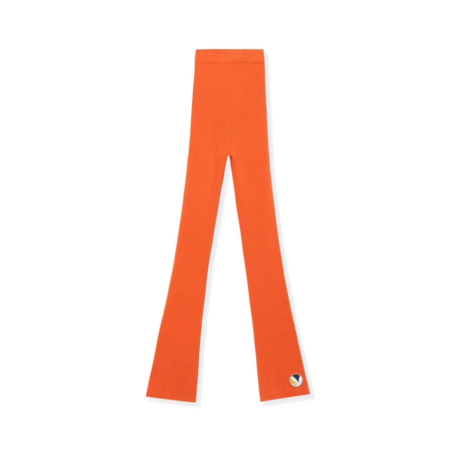 Orange women's flared ribbed leggings with logo patch on ankle, flat lay on white background